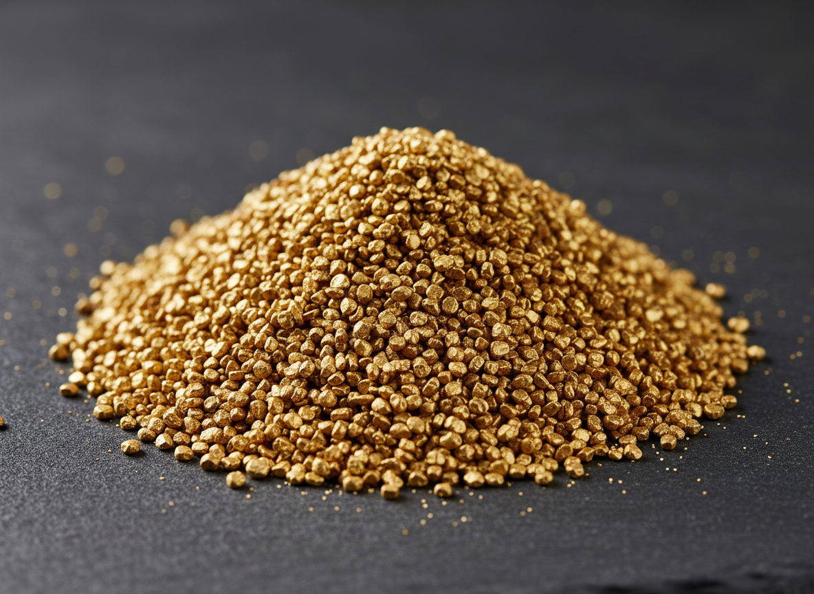 A close-up photographic image of shimmering gold granules, each irregular nugget about the size of coarse sand, with rounded edges and subtle variations in hue from deep amber to pale yellow. The granules are heaped in a neat, slightly conical pile on a dark, matte slate surface that contrasts their lustre. Soft studio lighting from the upper left creates crisp highlights and gentle shadows between particles, emphasizing texture and purity. The background falls into a smooth, dark blur, keeping full focus on the gold. Shot at a slightly elevated angle with shallow depth of field, the mood is professional, trustworthy, and luxurious, with clean, realistic photographic detail ideal for a corporate exporter’s homepage hero image.